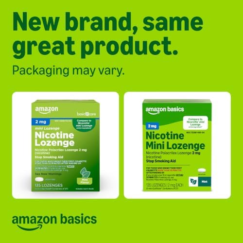 Amazon Basics Mini Nicotine Polacrilex Lozenge, 2 mg (Nicotine), Mint Flavor, 135 Count, (Previously Amazon Basic Care)