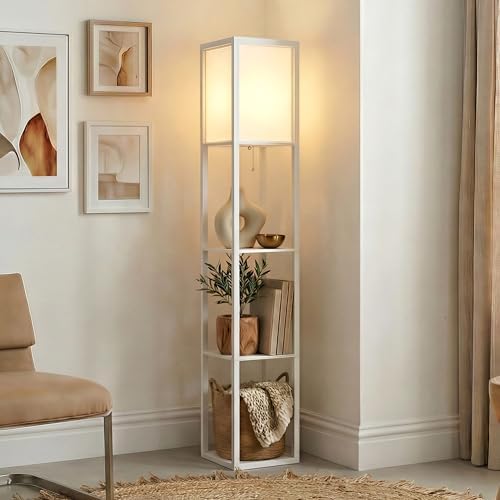Brightech Maxwell - Modern Shelf Floor Lamp with Lamp Shade & Warm White LED Bulb, Corner Display Floor Lamp with Shelves for Living Room, Bedroom, Nightstand Office, Home Decor Storage - Natural Wood