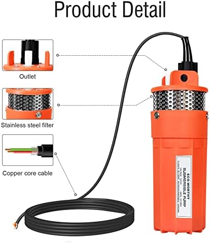 ECO-WORTHY 24V Submersible Deep Well Water Pump with 10ft Cable 1.6GPM 4'' 5A, Max Lift 230ft/70m, DC Pump/Alternative Energy Solar Battery Farm & Ranch Submersible Deep Well Pump