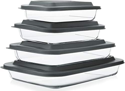 M MCIRCO 8 Piece Deep Glass Baking Dish with Lids, BPA free,Gray