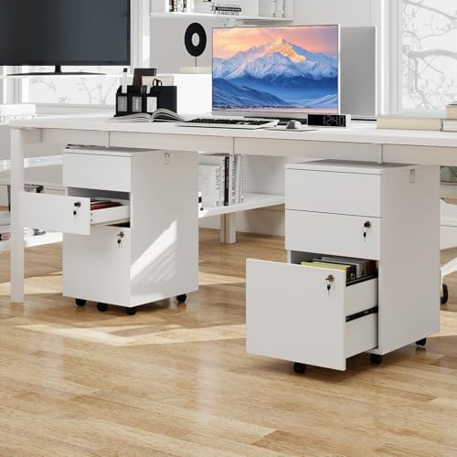 Mobile File Cabinet with 3 Drawers, Wooden Rolling Filing Cabinet with Lock, Under Desk File Organizer for A4/Letter/Legal Size, for Home Office, Study (White)