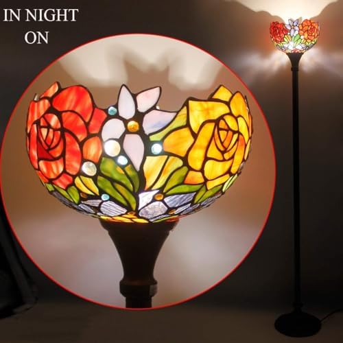 WERFACTORY Tiffany Floor Lamp Red Rose Flower Stained Glass Light Torchiere | 10X10X71 Inches Pole Standing Corner Torch Uplight Decor Bedroom
