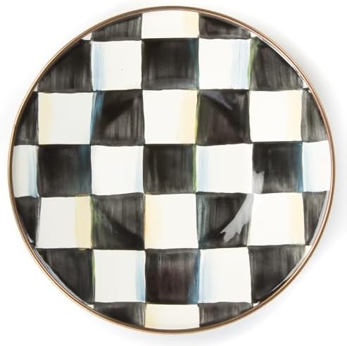 MACKENZIE-CHILDS Enamel Saucer, Black-and-White Courtly Check | Hand-painted design, made from enameled steel, small plate for a coffee cup or teacup, 6" dia.
