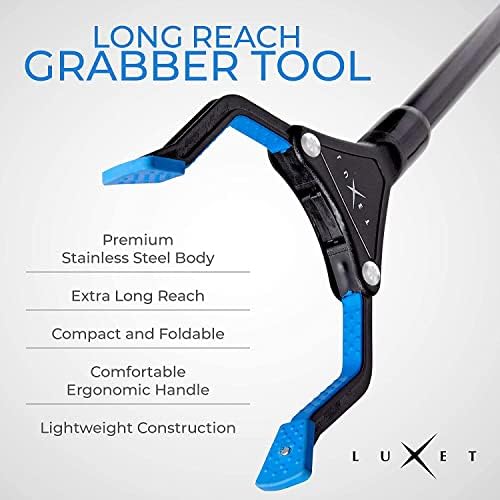 Grabber Reacher Tool - Latest Version Luxet 19 Inch Long Steel Foldable Pick Up Stick - Strong Grip Magnetic Tip - Heavy Duty Trash Picker Claw Reacher Grabber Tool for Elderly Wheelchair Mobility Aid