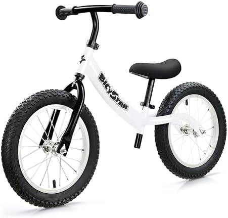 bicystar 14 Inch Balance Bike for Kids 3-5 with Rubber Air Tires, White | lightweight frame, adjustable seat & handlebar, easy assembly, outdoor riding, footrest, no pedals
