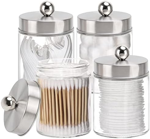 Tbestmax Glass Qtip Holder Dispenser, 10-Ounce Bathroom Containers Apothecary Jars with Metal Lids for Cotton Ball Swab Pad (4 Pack)