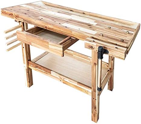 Olympia Tools 48 Inch Acacia Hardwood Woodworking Carpentry Work Bench Table with Built in Vise, Storage Drawer and Shelf, 330 Pound Capacity