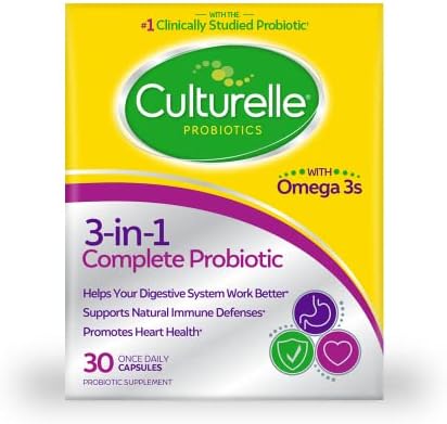 Culturelle 3-in-1 Complete Probiotic + Omega 3's Once Daily, 30 Count | 10B Live Cultures of Lactobacillus rhamnosus GG, Omega -3 Fish Oil, Immune & Heart Health Support*, Once Daily, Non-GMO