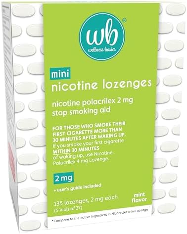 Wellness Basics Mini Nicotine Lozenge 2mg | Stop Smoking Aid | Mint Flavor | 135 Count | Pack of 5 Vials | Reduces Cravings & Withdrawal Symptoms