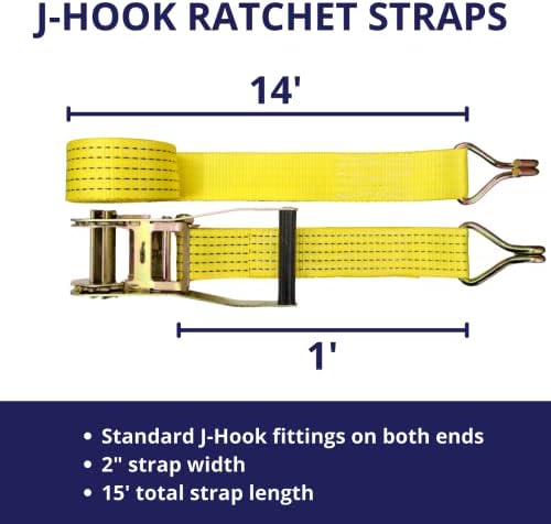 Ratchet Tie Down Straps, 2 in x 15 ft, 5,000 lb Breaking Strength, J-Hook, 6-Pack