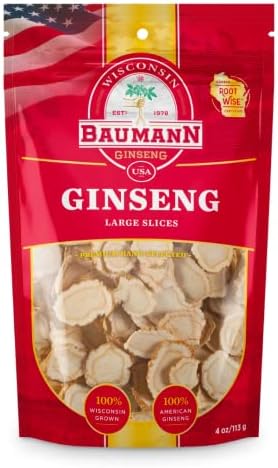 Baumann Wisconsin Ginseng - Medium Slices 4 oz - 100% Natural Panax Ginseng Herb, Pure Dried American Ginseng for Enhanced Focus & Energy