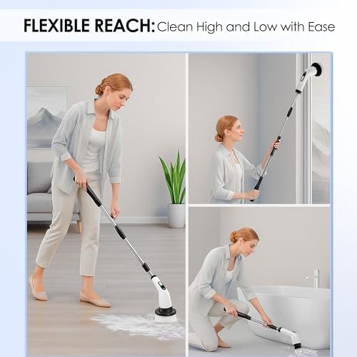 Electric Spin Scrubber for Cleaning, Cordless Power Scrubber with Long Handle, 10 Replaceable Brush Heads, 2-Speed, IPX7 Waterproof for Bathroom