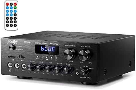 Moukey Stereo Receivers with Bluetooth 5.0, 2.0 Channel Power Audio Amplifier Stereo System w/USB, SD, AUX, RCA, MIC in w/Echo, LED for Karaoke