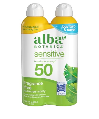 Alba Botanica Sensitive Sunscreen Spray for Face and Body, Fragrance-Free, Broad Spectrum SPF 50, Water Resistant, 5 fl. oz. Bottle