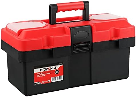 MAXPOWER Small Tool Box, 14-inch Plastic Tool Boxes with Handle | Removable Tray with Dual Lock Secured, Red Toolbox for Home