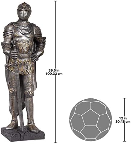 Design Toscano King's Guard Medieval Decor Half Scale Knight Armor Gothic Statue, 39 Inch Tall, Cast Stone Resin, Metallic Finish with Faux Stone Base