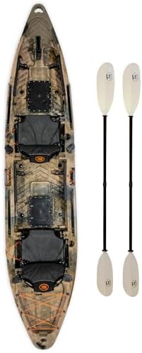 BKC Brooklyn 13.0 Pro Tandem Fishing Kayak, 2 to 3 Person | 800 lb capacity, adjustable frame seats, large dry storage, rod holders, stable wide hull, tandem or solo paddling