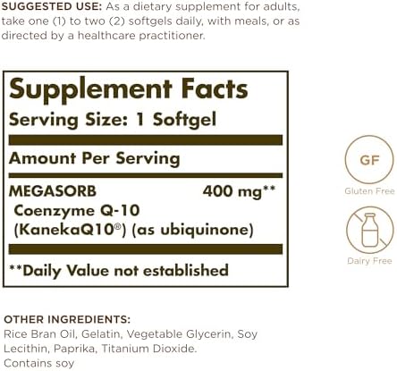 Solgar Megasorb CoQ-10 400 mg, 60 Softgels - Supports Brain Function | Coenzyme Q10 Supplement, Enhanced Absorption, Non-GMO, Gluten Free, Dairy Free - 60 Servings