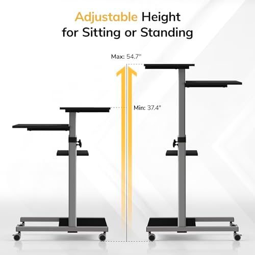 Mount-It! Black Rolling Standing Desk, Adjustable Height up to 54.7", Portable Laptop Podium Desk on Wheels, Mobile Computer Workstation with 4 Shelves 27.5" Wide, Cart for Home Office or Classroom