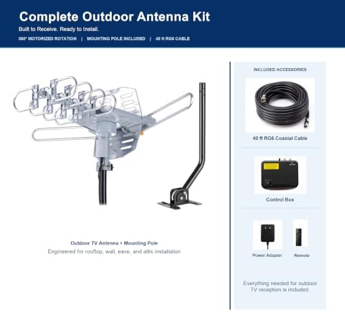 Amplified Outdoor TV Antenna with 360° Motorized Rotation, UHF/VHF Long-Range Reception, Remote Control, Mounting Pole & 40FT RG6 Cable