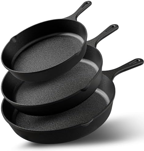 Utopia Kitchen Cast Iron Skillet Set 3 Piece 6 8 10 Inch PFAS-Free Black | Chef Pan, Even Heat Distribution, Stovetop, Campfire and Grill Safe, Large Skillet Set, Indoor Outdoor Use