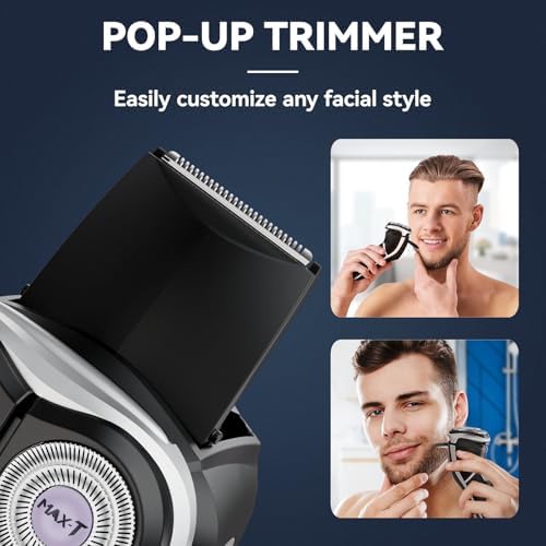 MAX-T Men's Electric Shaver - Corded and Cordless Rechargeable 3D Rotary Shaver Razor for Men with Pop-up Sideburn Trimmer Wet and Dry Painless 100-240V Black (Metal Black)