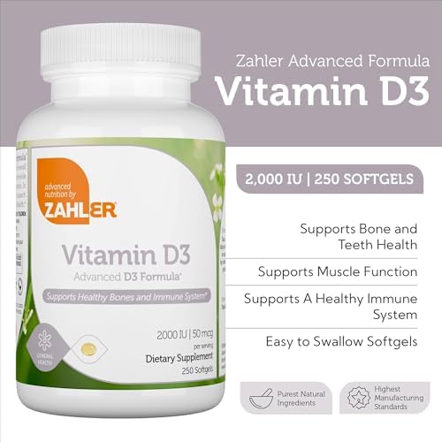 Zahler - Advanced Vitamin D3 2000 IU Softgels (250 Count) Kosher Vegetarian Friendly Vitamin D for Immune Support, Bone, Teeth & Muscle Health - Daily D3 Vitamin Supplement for Adults - Easy Swallow V