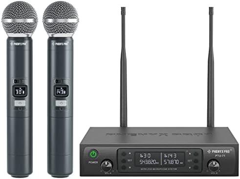 Phenyx Pro Dual UHF Auto Scan Handheld Wireless Microphone System PTU-71-2H | 2 Dynamic Mics, 2 x 100 Frequencies, 328 ft Range, Live Vocals