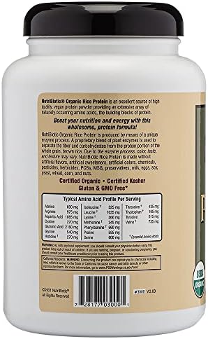 NutriBiotic Certified Organic Plain Rice Protein, 21 Ounce | Low Carbohydrate Vegan Protein Powder | Raw, Certified Kosher & Keto Friendly | Made Without Chemicals, GMOs & Gluten | Easy to Digest