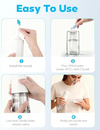 Nasal Irrigation System 300ml Tank with 6 Nozzles & 40 Salt Packets, Cordless Electric Nasal Rinse Machine for Sinus Relief & Allergies
