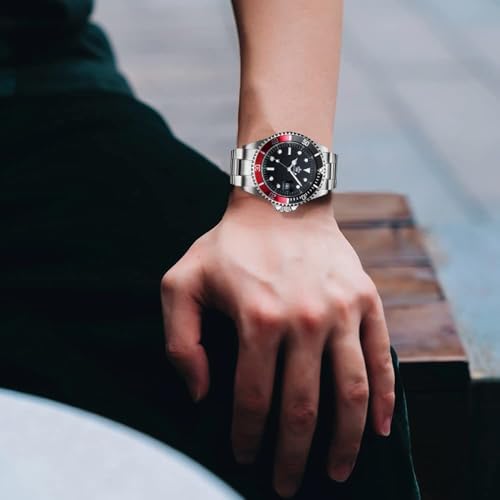 FANMIS Mens Luxury Watches Rotatable Bezel Sapphire Glass Luminous Hand Quartz Silver Tone Stainless Steel Watch