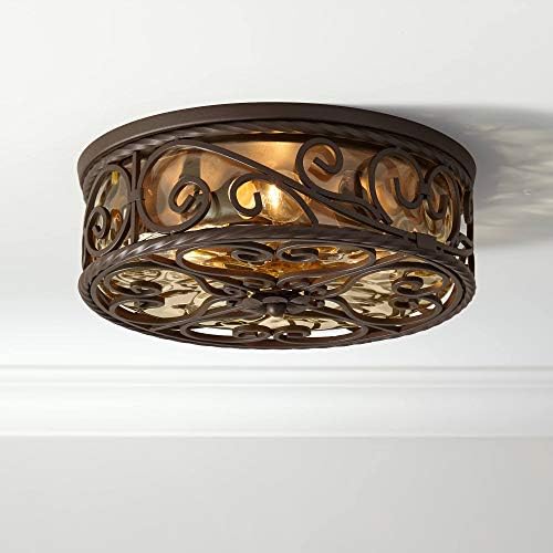 Casa Seville 12" Walnut Rustic Indoor-Outdoor Ceiling Light Fixture | Flush-Mount Dark Scroll Water Glass Damp Rated for Exterior House Porch Patio Outside Deck Garage Front Door Home