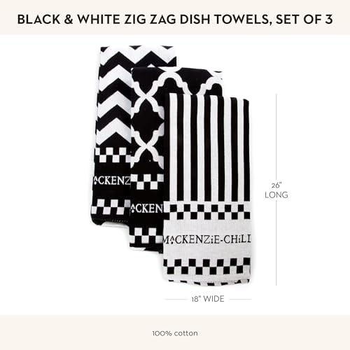 MACKENZIE-CHILDS Set of 3 Cotton Dish Towels, Decorative Kitchen Towels, Black-and-White Zig Zag