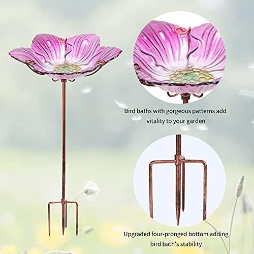 26" Glass Bird Bath, Outdoor Birdbath Bird Feeder Green Flower Metal Stake