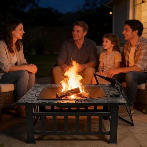 ZENY 32 inch Outdoor Fire Pit with Grill for Outside Wood Burning, Square Metal Outside Fireplaces