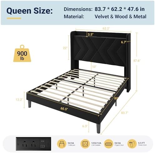 Allewie Full Size Platform Bed Frame with Charging Station and Storage Shelf/Upholstered Velvet Wingback Headboard/Wooden Slats Support/No Box Spring Needed/Easy Assembly, White