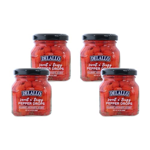 DeLallo Sweet & Tangy Pepper Drops, Red Peruvian Mini Peppers in Zesty Vinegar Marinade, Gourmet Condiment for Charcuterie and Salads, Non-GMO, Vegan