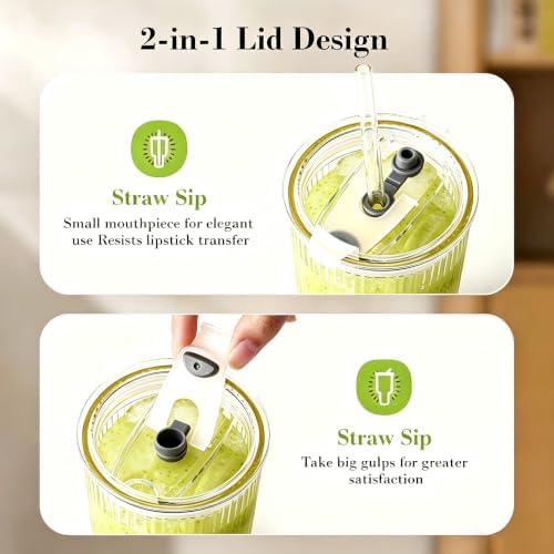 Glass Cups with Lids and Straws, 2Pcs 20oz Glass Coffee Cups Leak Proof | Ribbed Thick Reusable Glass Tumbler with Straw and Lid, Fits Car Cup Holder