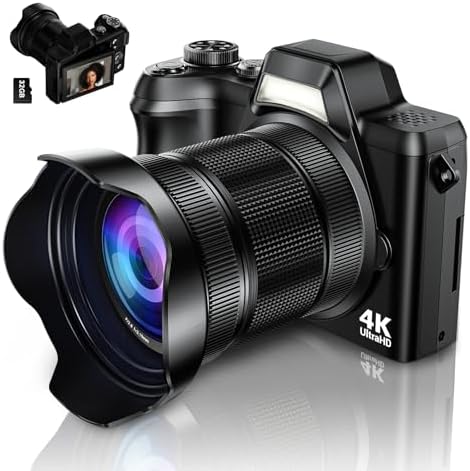 4K Digital Camera for Photography, 56MP Autofocus Vlogging Camera for YouTube Travel, 3" 180°Flip Screen & Lens Hood 16X Zoom