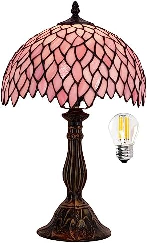 WERFACTORY Tiffany Table Lamp Pink Wisteria Style Stained Glass Desk Light | Bedside Reading Light 12X12X18 Inches Decor Bedroom Living Room Home