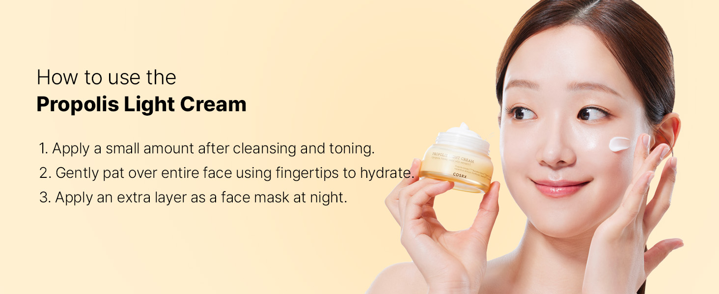 Instruction diagram for applying facial cream, showing three steps with illustrations and text describing application method and frequency.