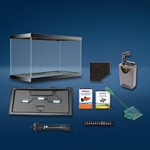 Aquarium starter kit components displayed on blue background