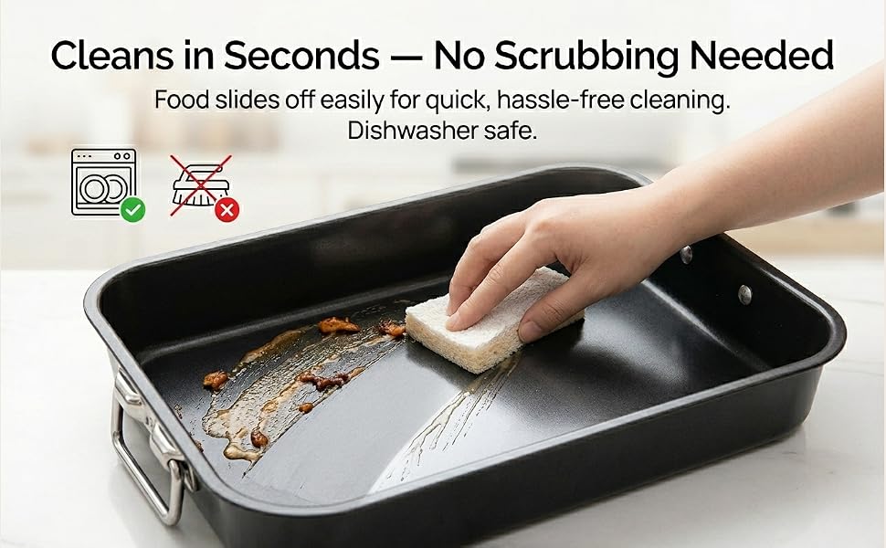 Nonstick roasting pan being cleaned easily with sponge, showing quick and hassle-free cleaning