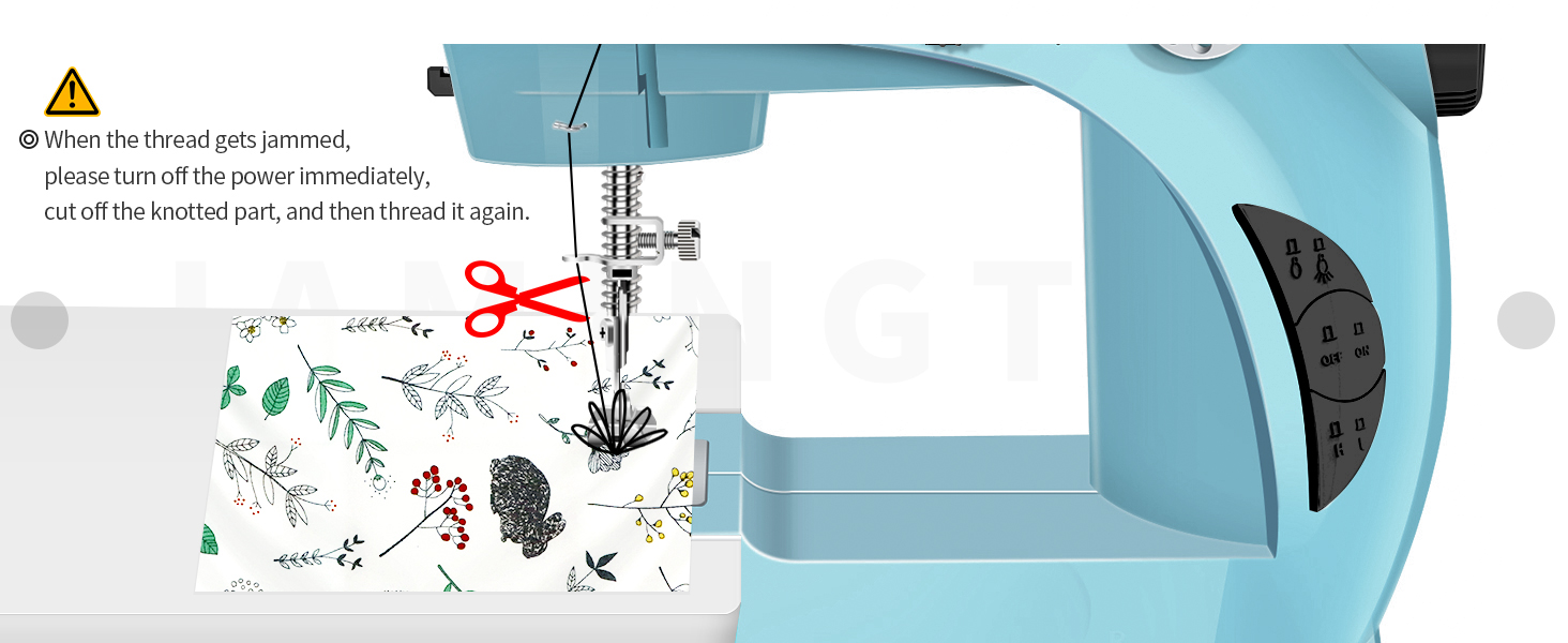 Light blue sewing machine with scissors icon. Fabric with plant patterns visible. Warning symbol and text partially visible in the corner.