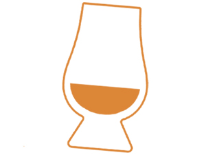 Simple line drawing illustration of a Glencairn whisky glass, shown in orange outline with liquid filled to approximately one-third.