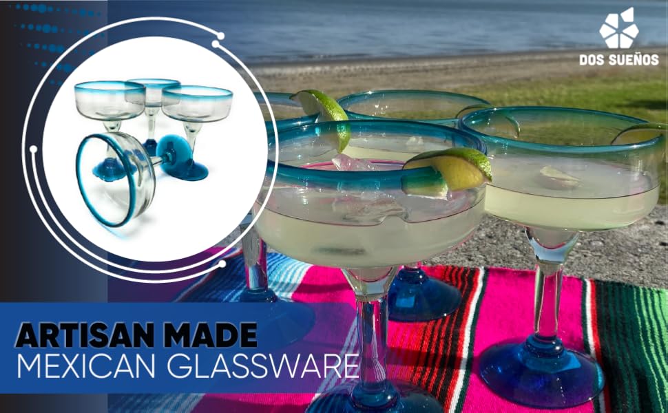 Mexican margarita glasses hand blown aqua rim recycled glass
