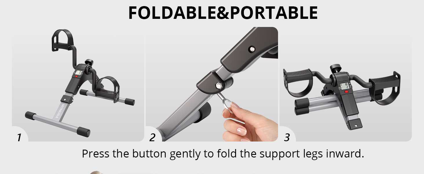 momoda pedal exerciser: foldable, portable, quick-release folding mechanism