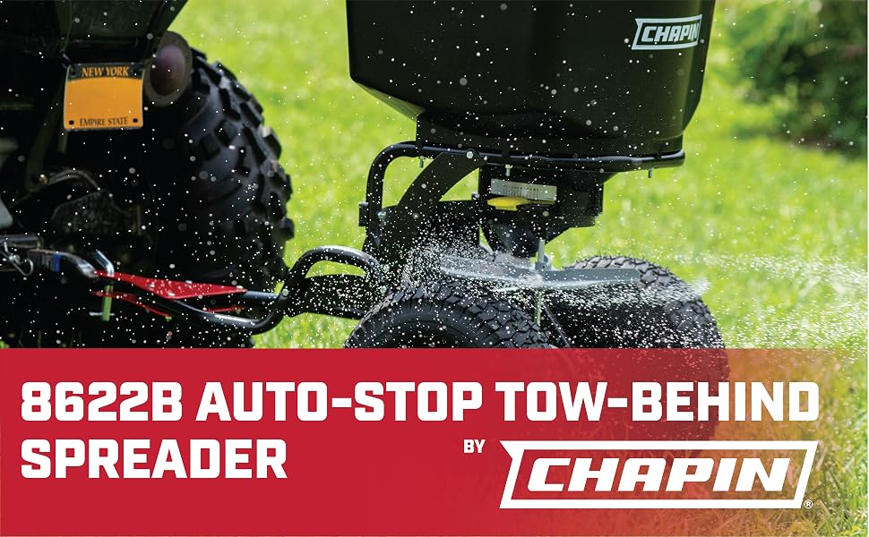 chapin spreader, tow behind spreader, dual impeller spreader, auto stop spreader, seeding, fertilize
