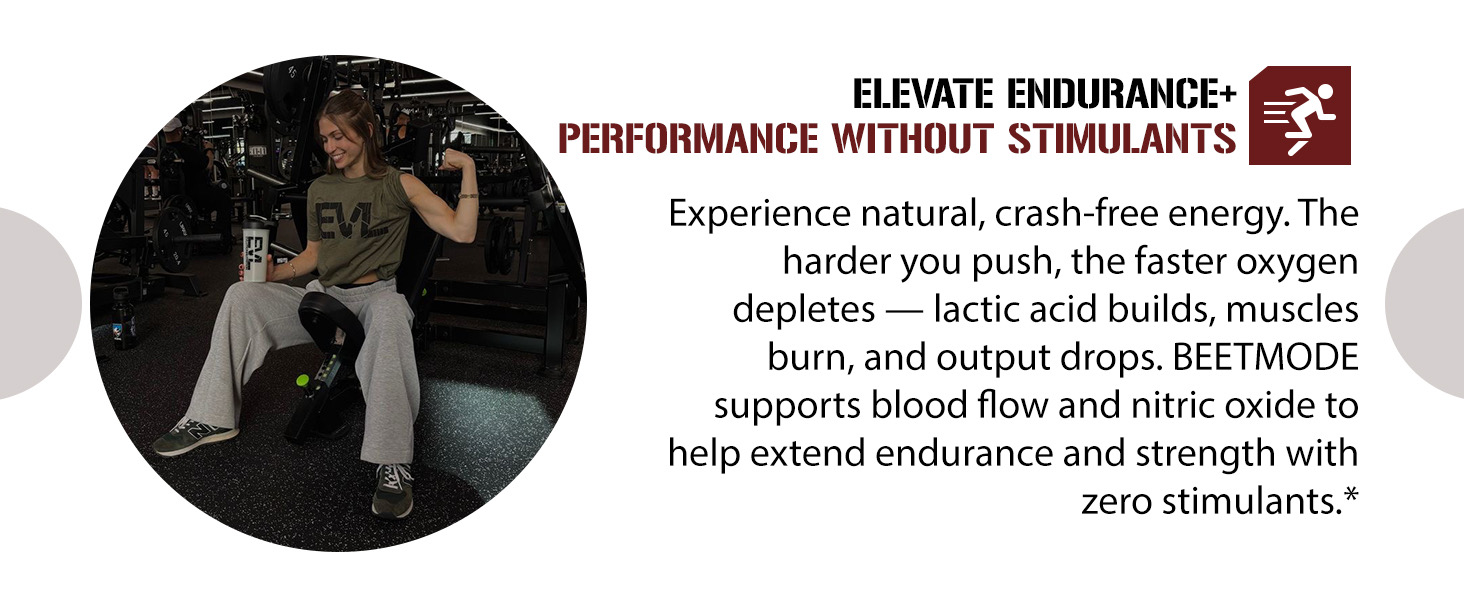 Female athlete flexing in gym. BeetMode supports blood flow nitric oxide endurance stimulant free