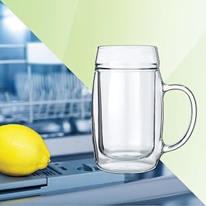 Glass mug in dishwasher with lemon